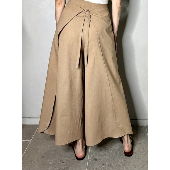 Tan Linen Side Split Trousers - Bohemian Style Pants One Size - Picture 6 of 15